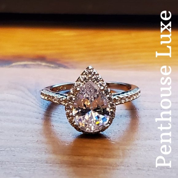 Teardrop Halo Paved Silver Ring - Picture 4 of 7